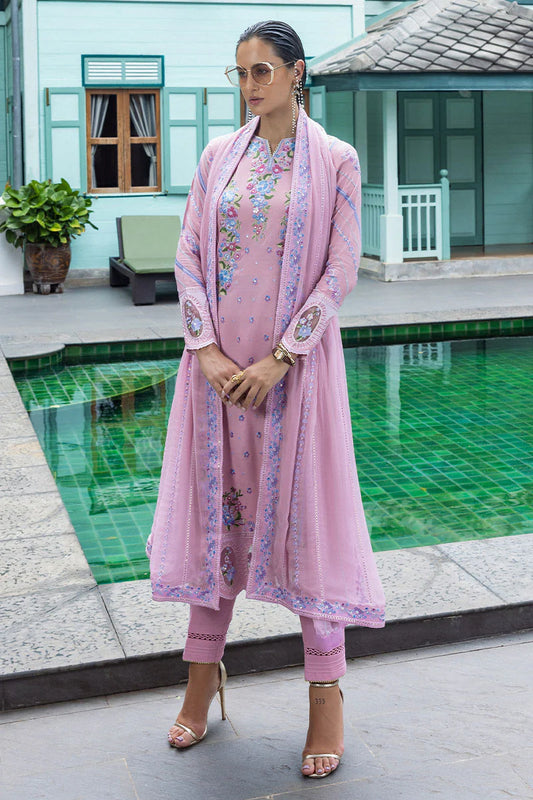 Leore lilac pink raw silk embroidered stitched outfit with chiffon dupatta – buy ready-to-wear party & festive dress online.