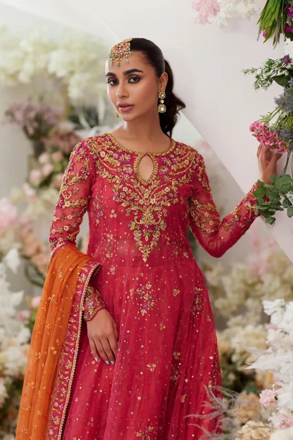 Leya Coral Pink Embellished Net Engagement Pishwas with Gold Work, Lame Tissue Lehenga and Orange Net Dupatta