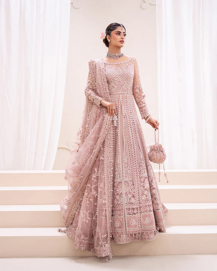 Leyan Faiza Saqlain pink embroidered pishwas with net dupatta and lehenga lining – Pakistanimoda UK fast delivery