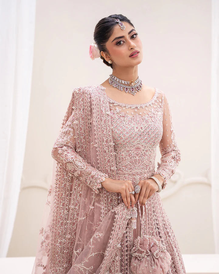 Leyan Faiza Saqlain pink embroidered pishwas with net dupatta and lehenga lining – Pakistanimoda UK fast delivery