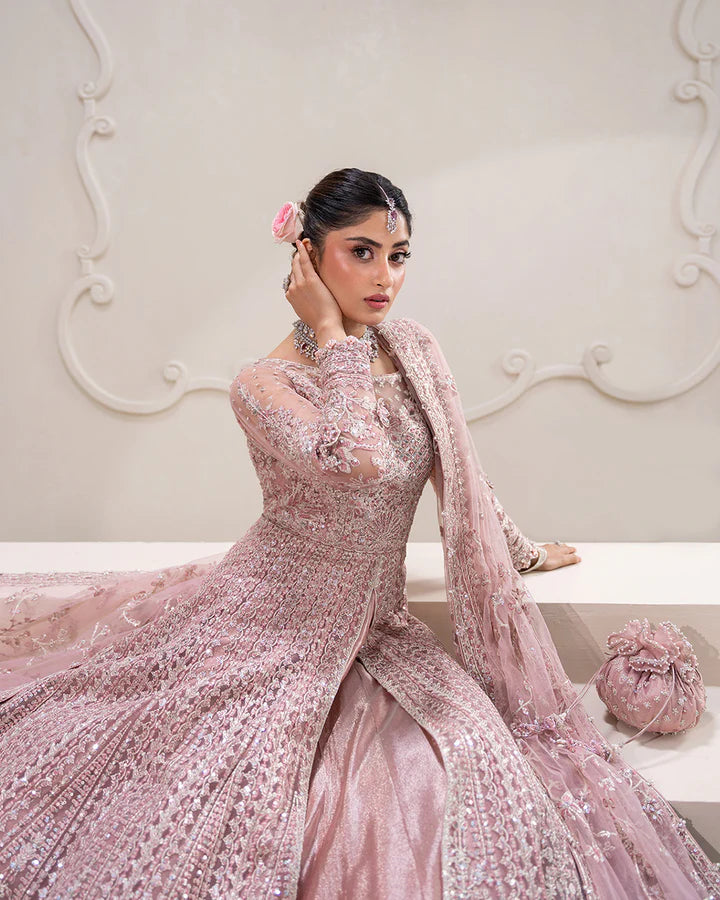 Leyan Faiza Saqlain pink embroidered pishwas with net dupatta and lehenga lining – Pakistanimoda UK fast delivery