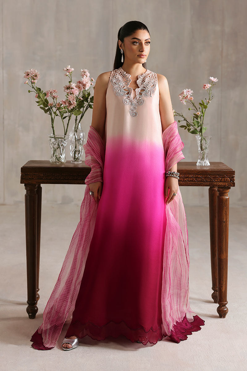 Two-tone peach and purple Pakistani raw silk kaftan with soft organza dupatta – elegant formal outfit for parties and Eid wear abroad.