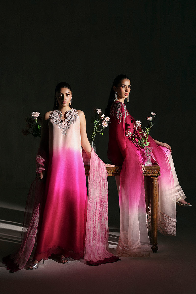 Two-tone peach and purple Pakistani raw silk kaftan with soft organza dupatta – elegant formal outfit for parties and Eid wear abroad.