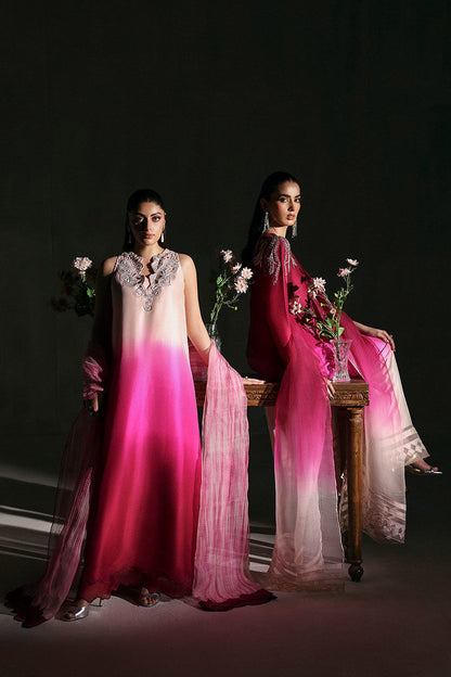 Two-tone peach and purple Pakistani raw silk kaftan with soft organza dupatta – elegant formal outfit for parties and Eid wear abroad.