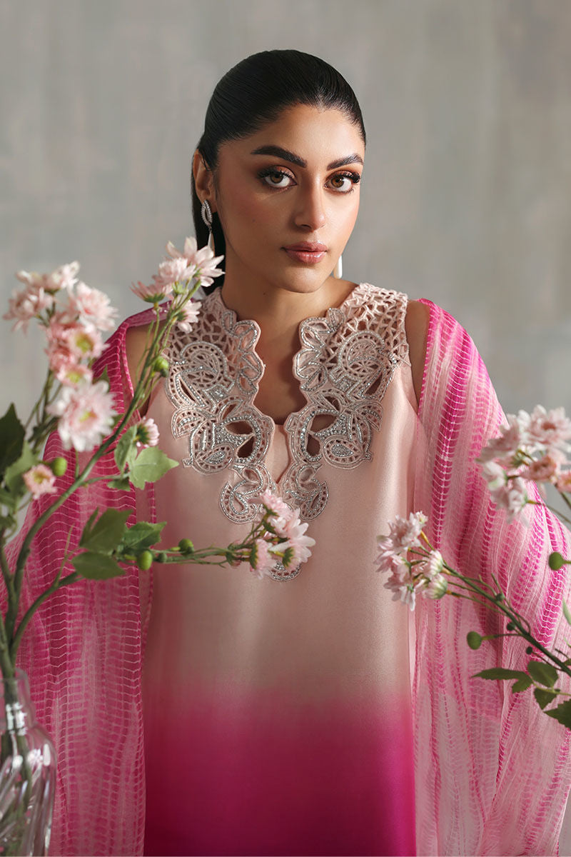 Two-tone peach and purple Pakistani raw silk kaftan with soft organza dupatta – elegant formal outfit for parties and Eid wear abroad.