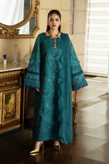 Liaro teal printed embroidered lawn 3PC by Rang Rasiya Carnation Eid Edit 2026 with chiffon dupatta