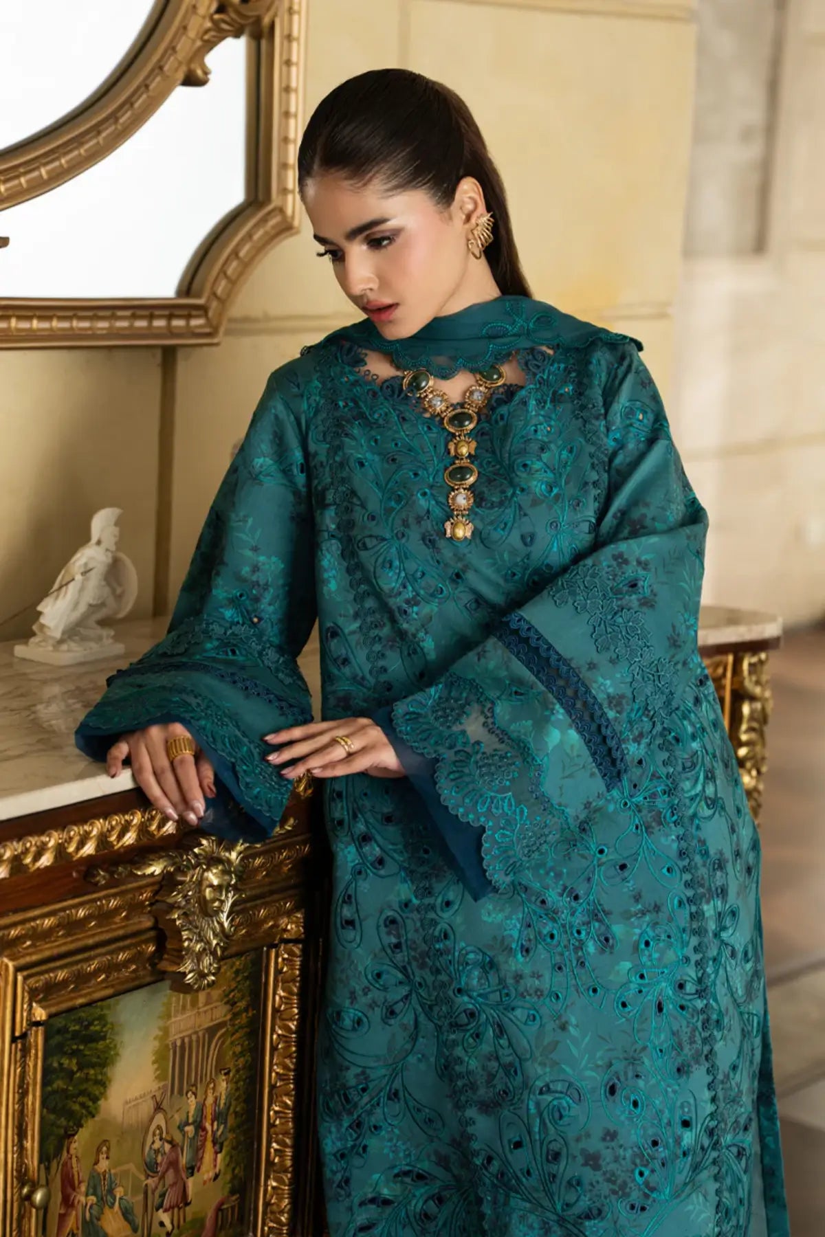 Liaro teal printed embroidered lawn 3PC by Rang Rasiya Carnation Eid Edit 2026 with chiffon dupatta
