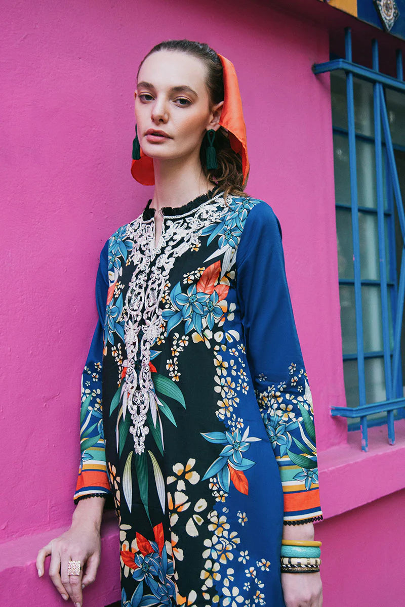Life of Irises- Navy blue printed lawn suit with embroidered organza neckline By- Mushq