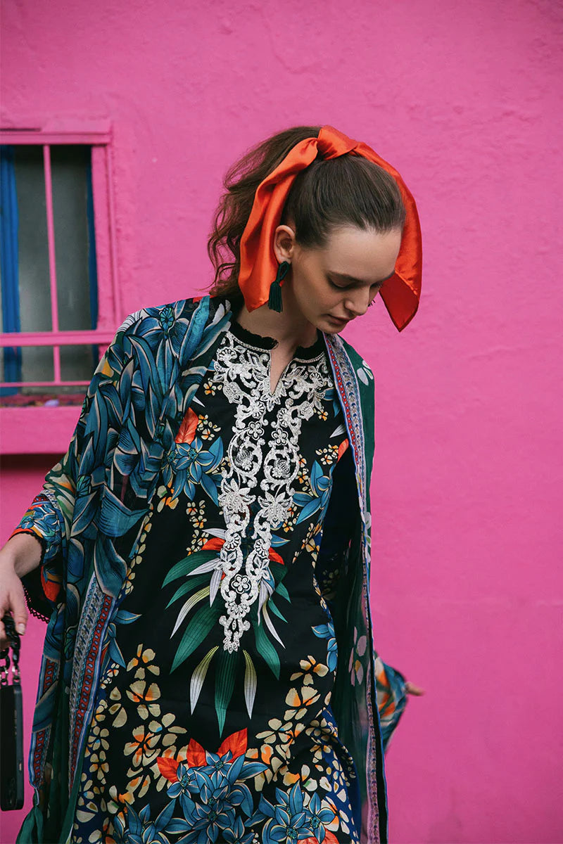 Life of Irises- Navy blue printed lawn suit with embroidered organza neckline By- Mushq