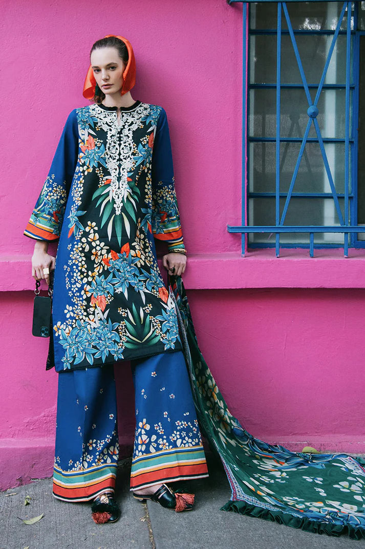 Life of Irises- Navy blue printed lawn suit with embroidered organza neckline By- Mushq