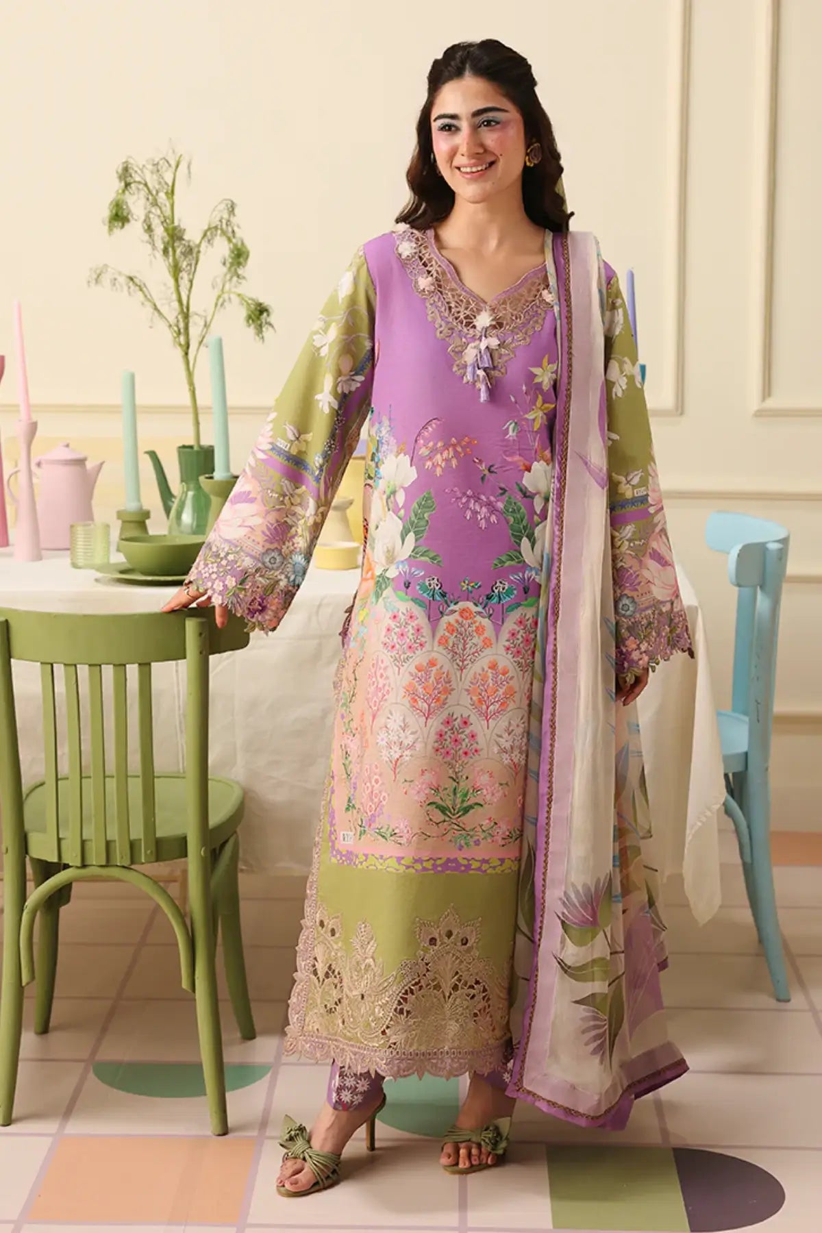 Lilac Whim Mushq Soleil Prints lavender stitched lawn suit with embroidered organza details and chiffon dupatta