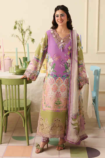 Lilac Whim Mushq Soleil Prints lavender stitched lawn suit with embroidered organza details and chiffon dupatta