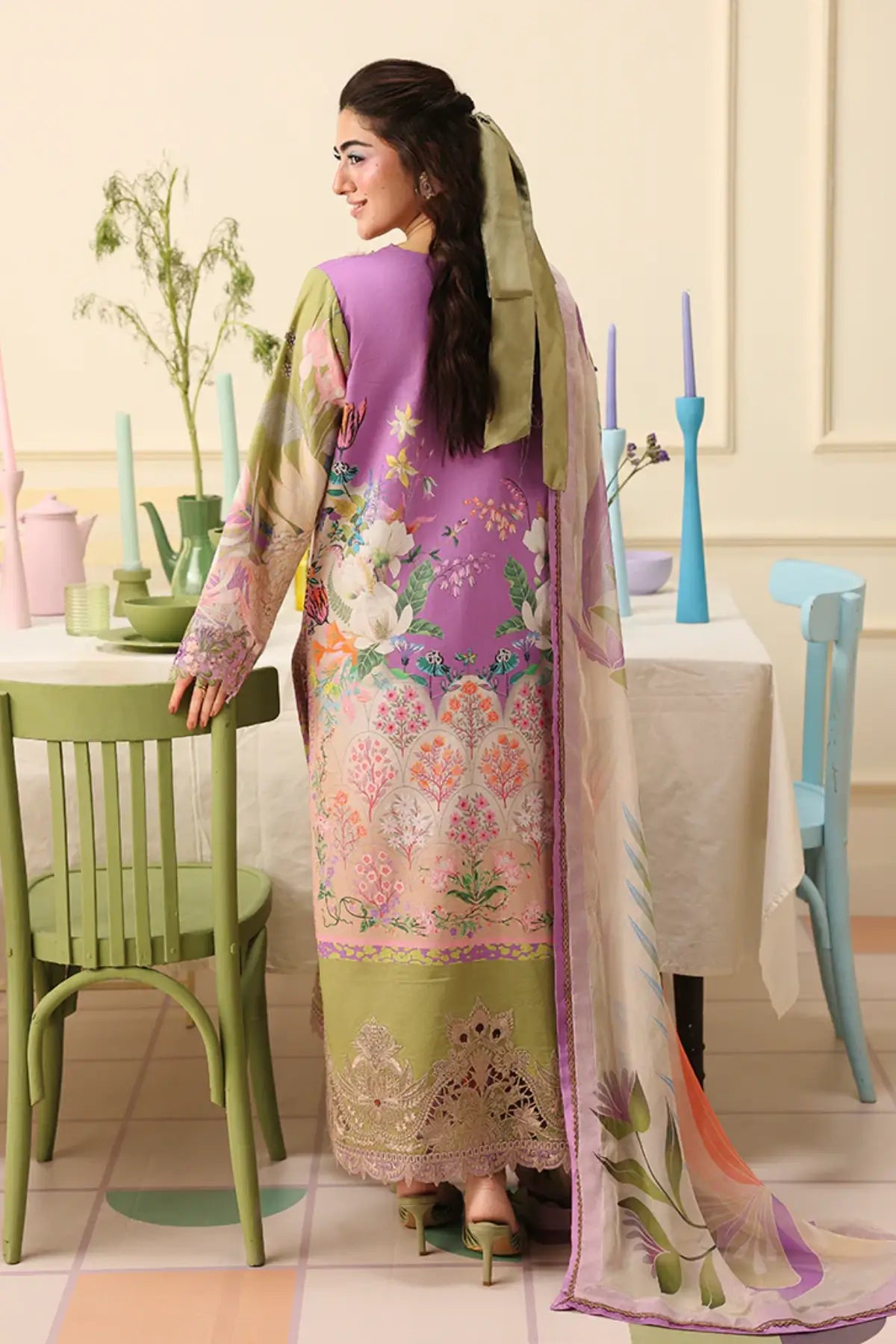 Lilac Whim Mushq Soleil Prints lavender stitched lawn suit with embroidered organza details and chiffon dupatta
