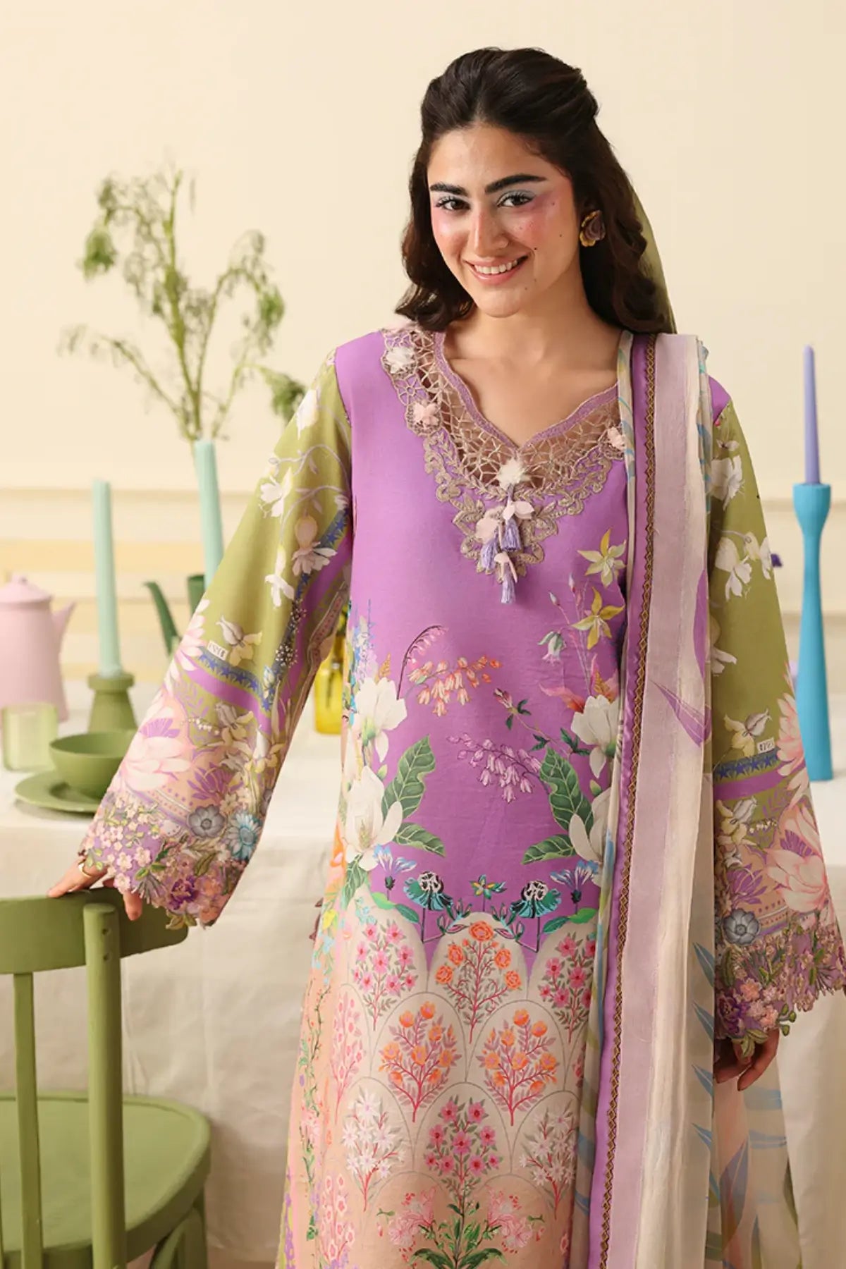 Lilac Whim Mushq Soleil Prints lavender stitched lawn suit with embroidered organza details and chiffon dupatta