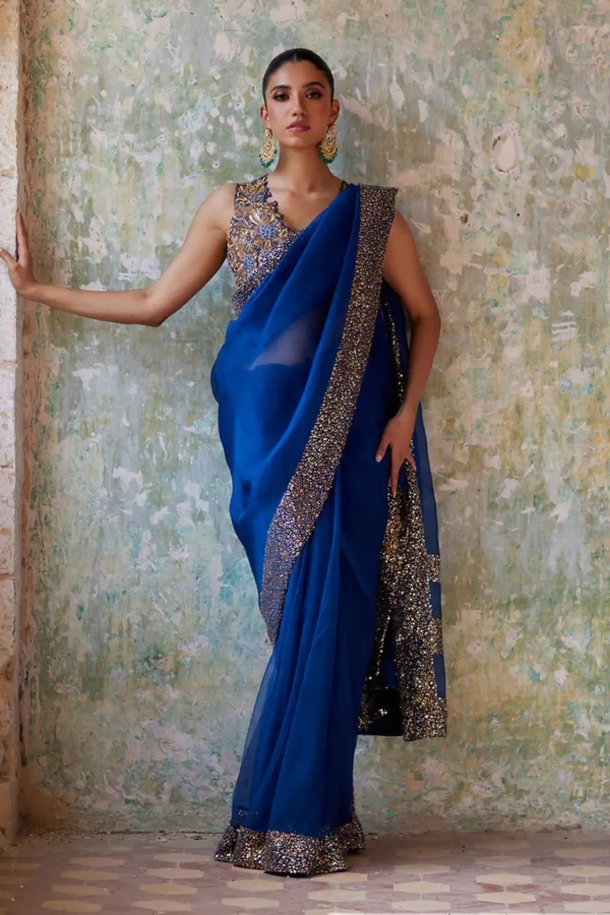 Lilah Royal Blue Stitched Pakistani Wedding Saree in Organza with Floral Embroidered Silk Blouse and Shimmering Gold Sequin Border