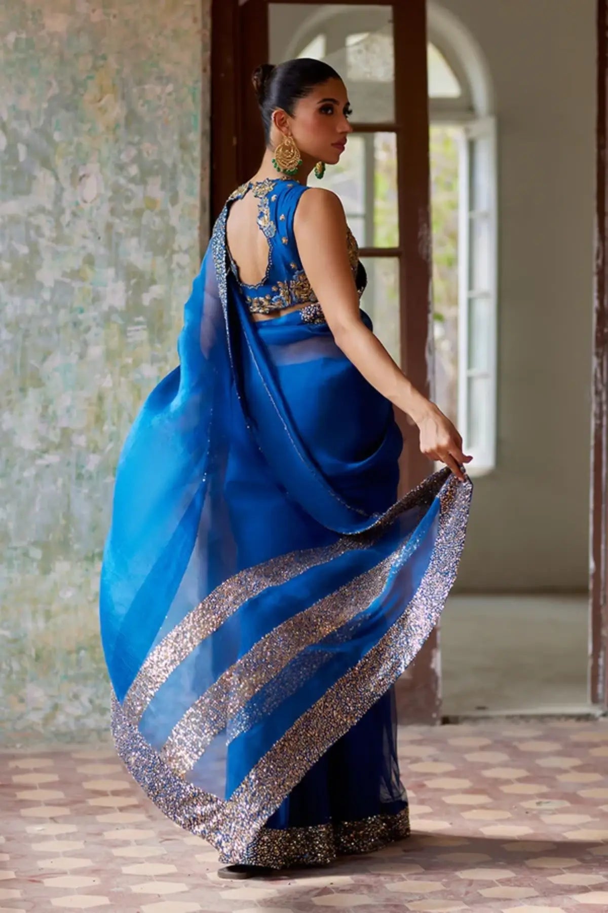 Lilah Royal Blue Stitched Pakistani Wedding Saree in Organza with Floral Embroidered Silk Blouse and Shimmering Gold Sequin Border