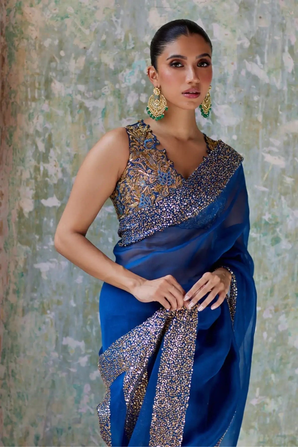 Lilah Royal Blue Stitched Pakistani Wedding Saree in Organza with Floral Embroidered Silk Blouse and Shimmering Gold Sequin Border