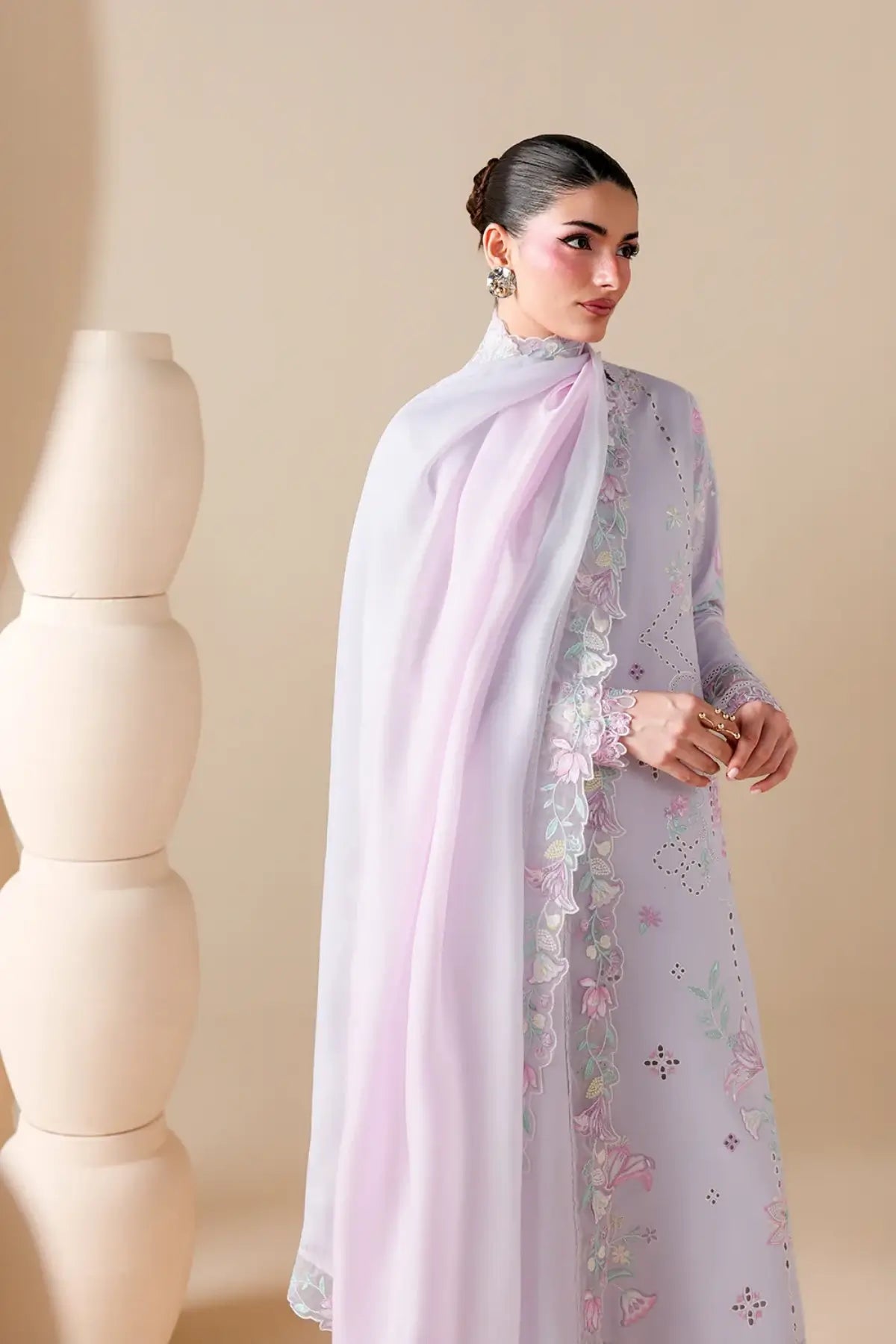 Lily Meadow by Azure lavender luxury lawn stitched 3PC suit with embroidered shirt tie-dye viscose silk dupatta