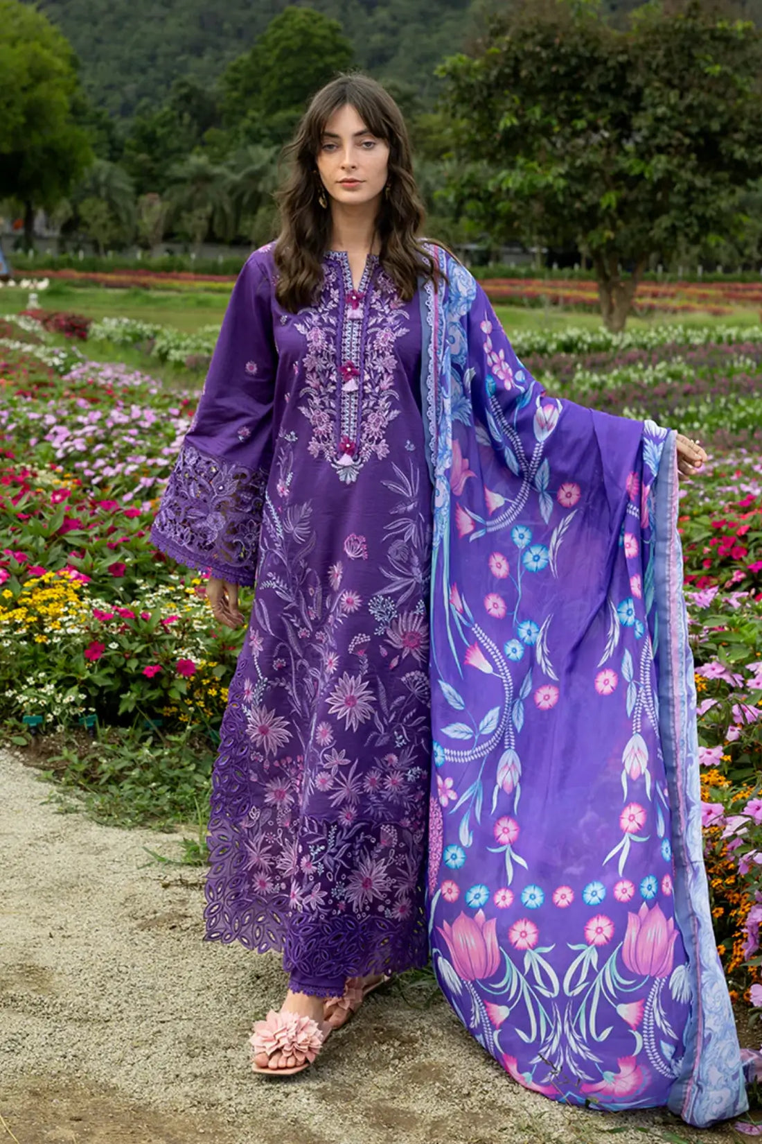 Lily Veil purple Mushq lawn 3PC suit with silk dupatta for summer gatherings