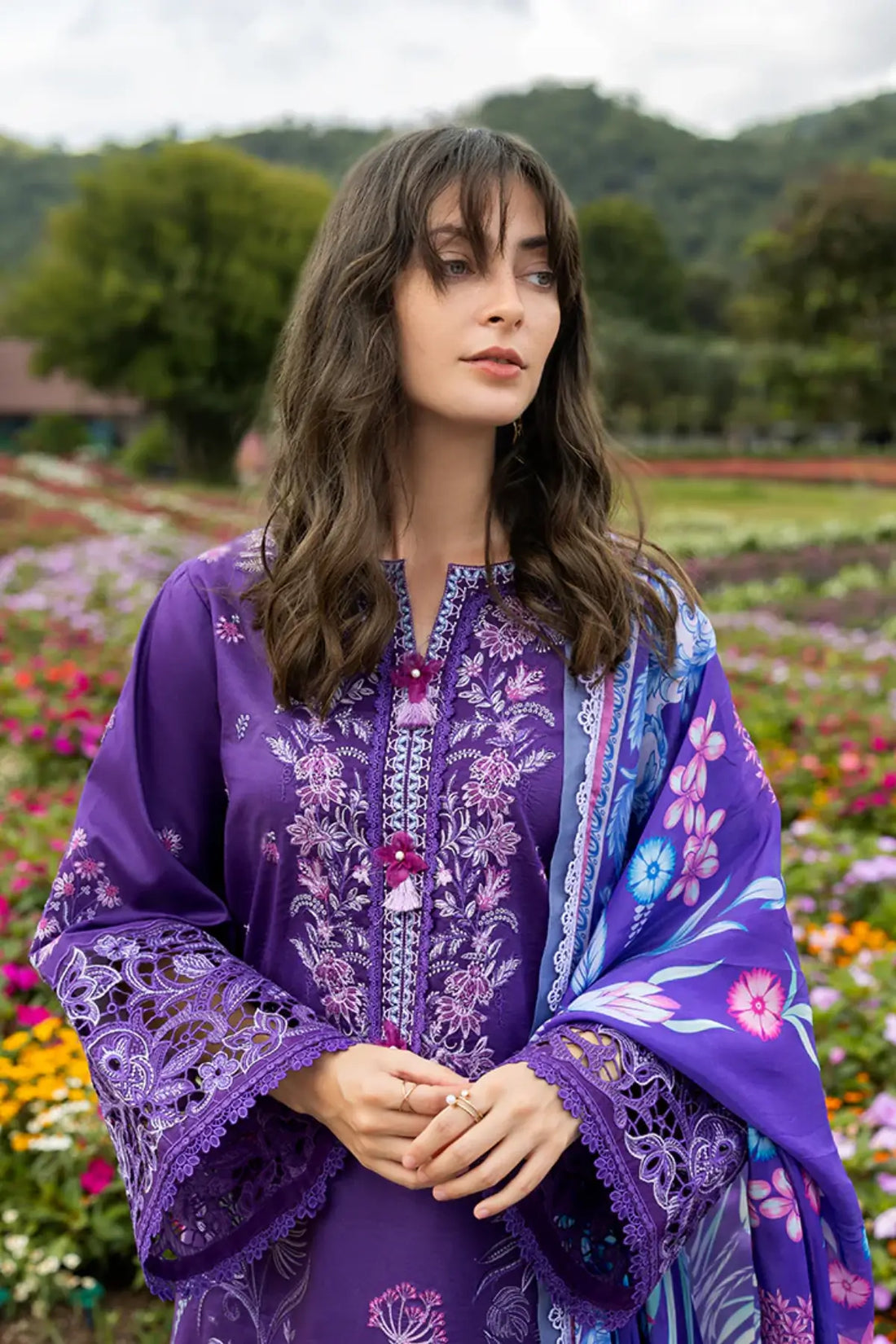 Lily Veil purple Mushq lawn 3PC suit with silk dupatta for summer gatherings