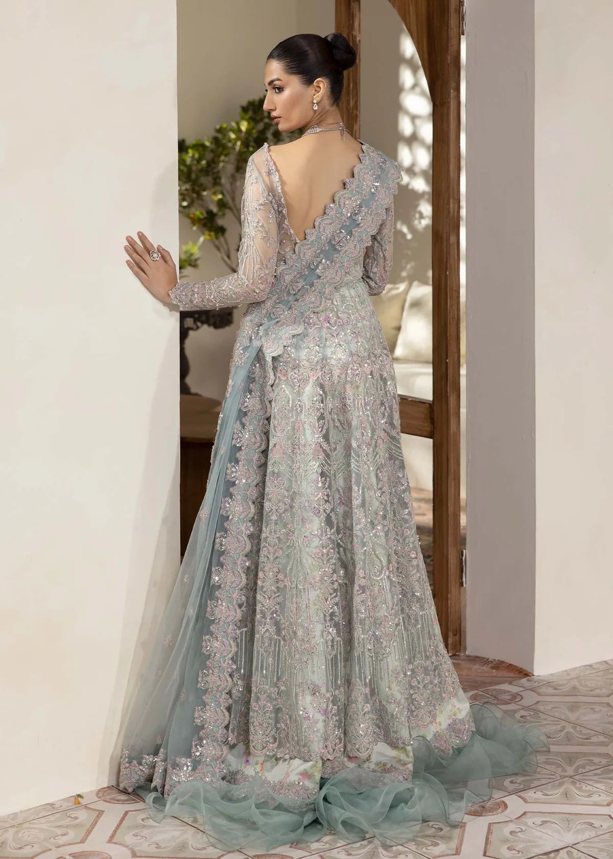 Ice blue embroidered Pakistani pishwas with printed flared trousers and dupatta – elegant Eid wear for women in USA, UK, and Canada.