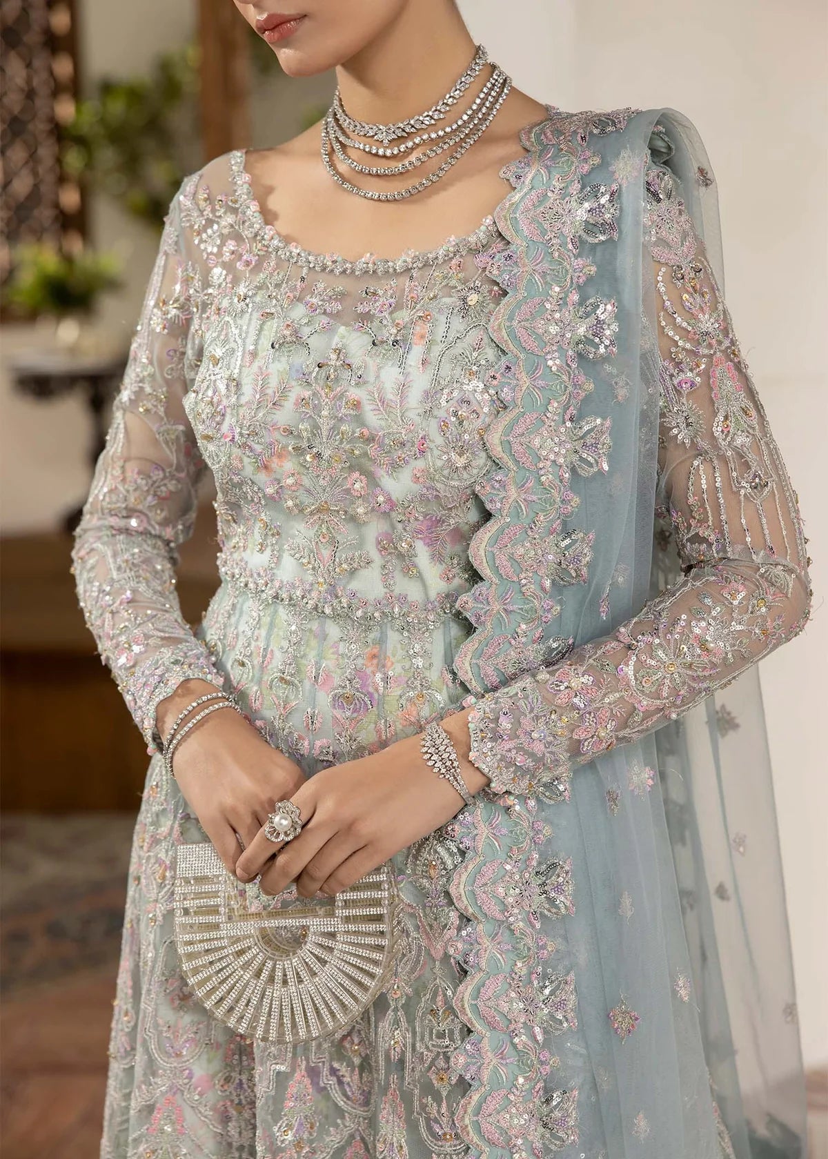 Ice blue embroidered Pakistani pishwas with printed flared trousers and dupatta – elegant Eid wear for women in USA, UK, and Canada.