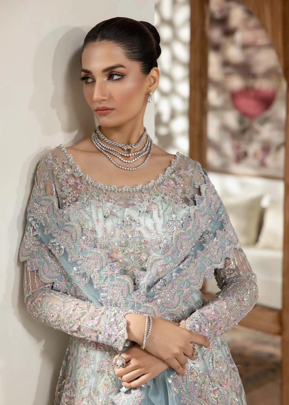 Ice blue embroidered Pakistani pishwas with printed flared trousers and dupatta – elegant Eid wear for women in USA, UK, and Canada.