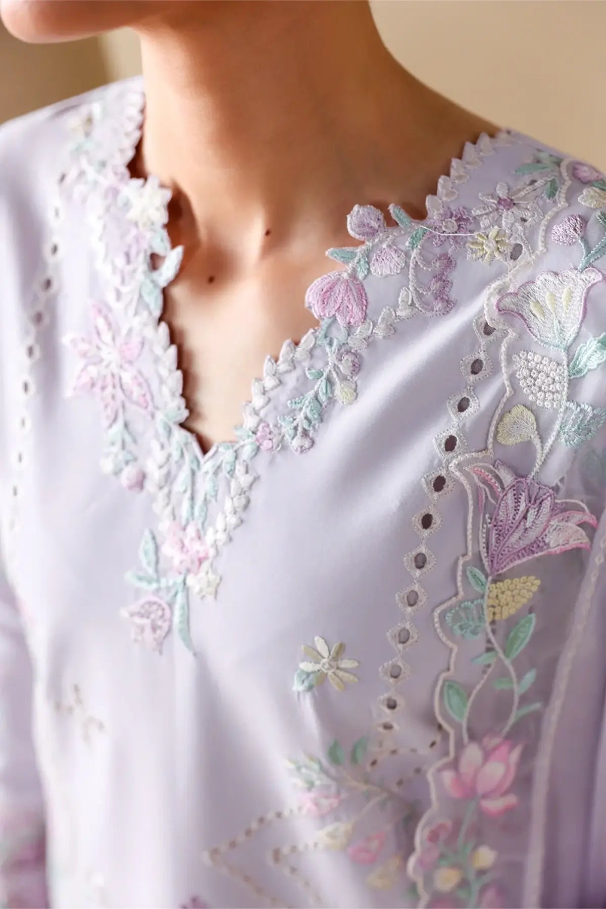 Lily Meadow by Azure lavender luxury lawn stitched 3PC suit with embroidered shirt tie-dye viscose silk dupatta