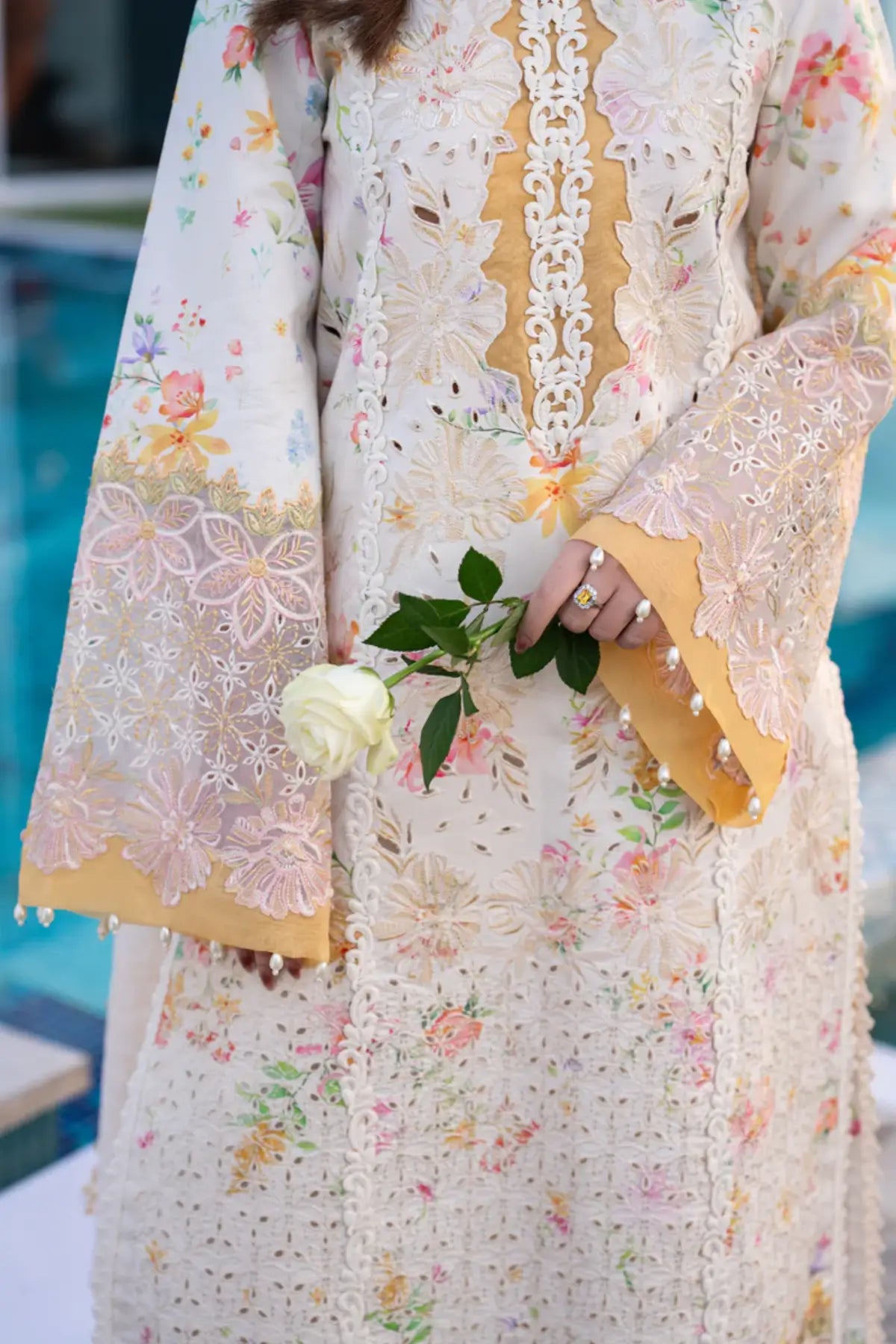 Lily pearl white lawn stitched Eid suit by Rang Rasiya Carnation Eid Edit 2026 with textured dupatta