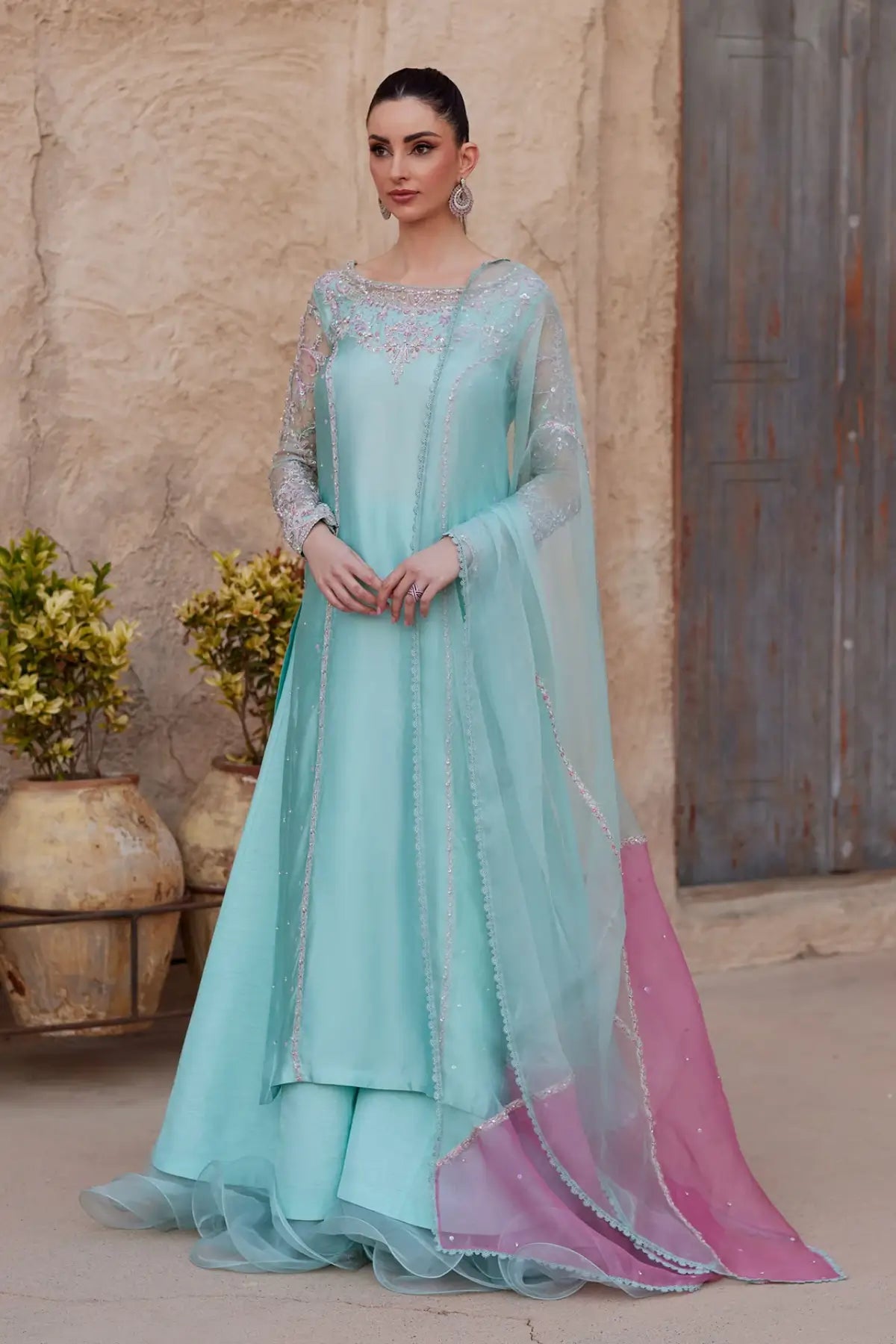 Lina by Kanwal Malik Ghina luxury pret powder blue tissue silk dawat outfit with embroidered neckline and organza dupatta Pakistanimoda