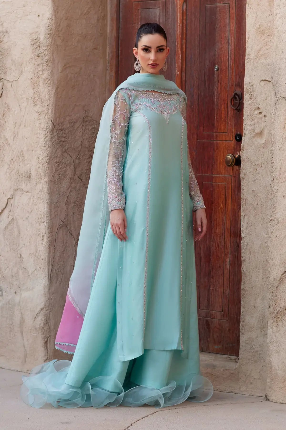 Lina by Kanwal Malik Ghina luxury pret powder blue tissue silk dawat outfit with embroidered neckline and organza dupatta Pakistanimoda