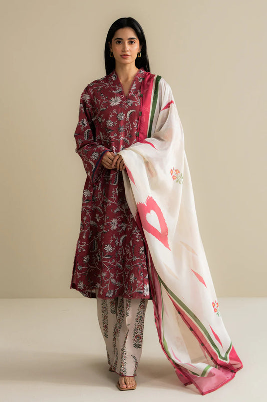 Lioré-7A rosewood printed lawn shirt with beige trousers – Coco Zara Shahjahan