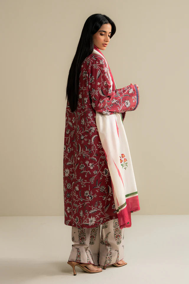 Lioré-7A rosewood printed lawn shirt with beige trousers – Coco Zara Shahjahan