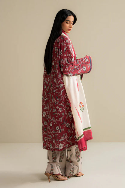 Lioré-7A rosewood printed lawn shirt with beige trousers – Coco Zara Shahjahan