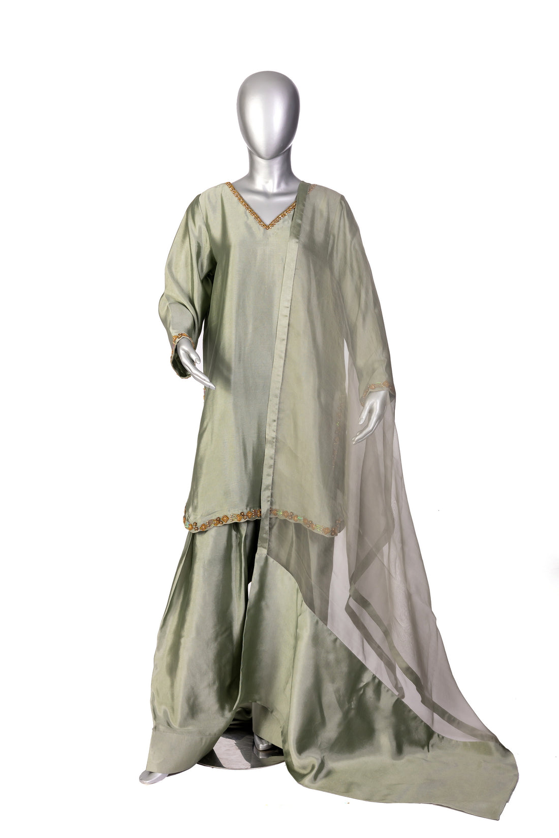 Lioren grey sheesha silk shirt with frashi shalwar and organza dupatta for casual gatherings, brunches, and semi-formal events by MariamRaj