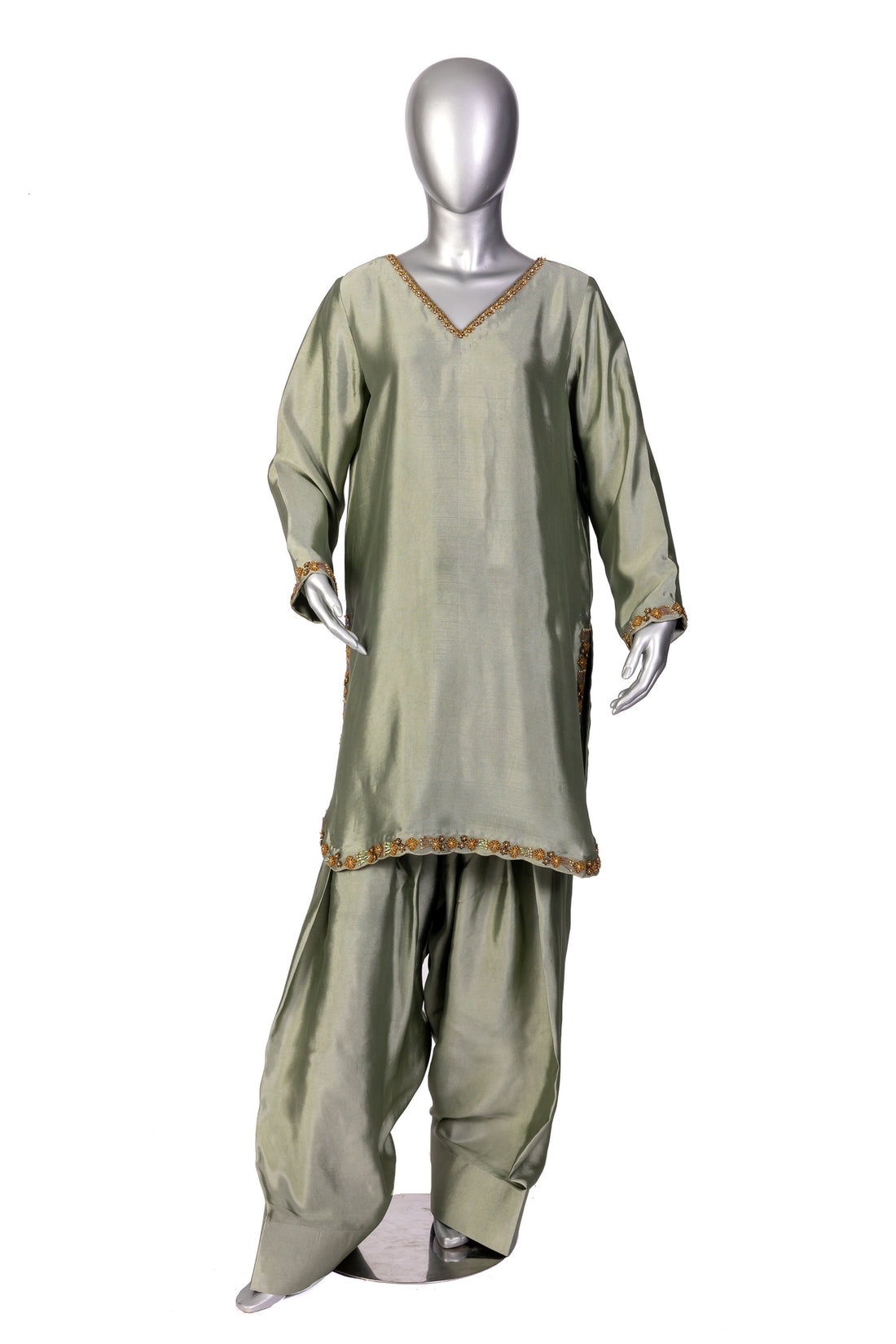 Lioren grey sheesha silk shirt with frashi shalwar and organza dupatta for casual gatherings, brunches, and semi-formal events by MariamRaj