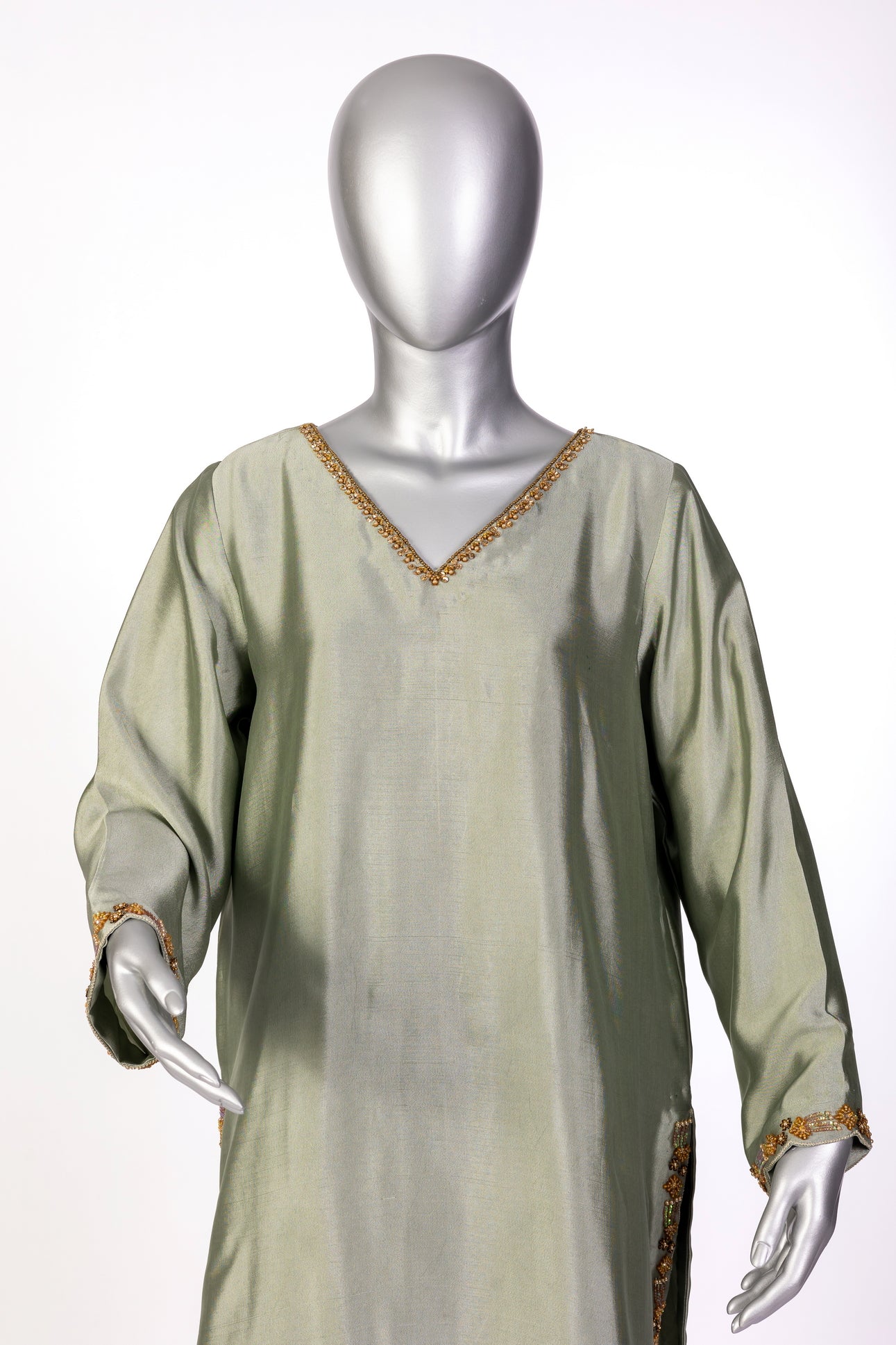 Lioren grey sheesha silk shirt with frashi shalwar and organza dupatta for casual gatherings, brunches, and semi-formal events by MariamRaj