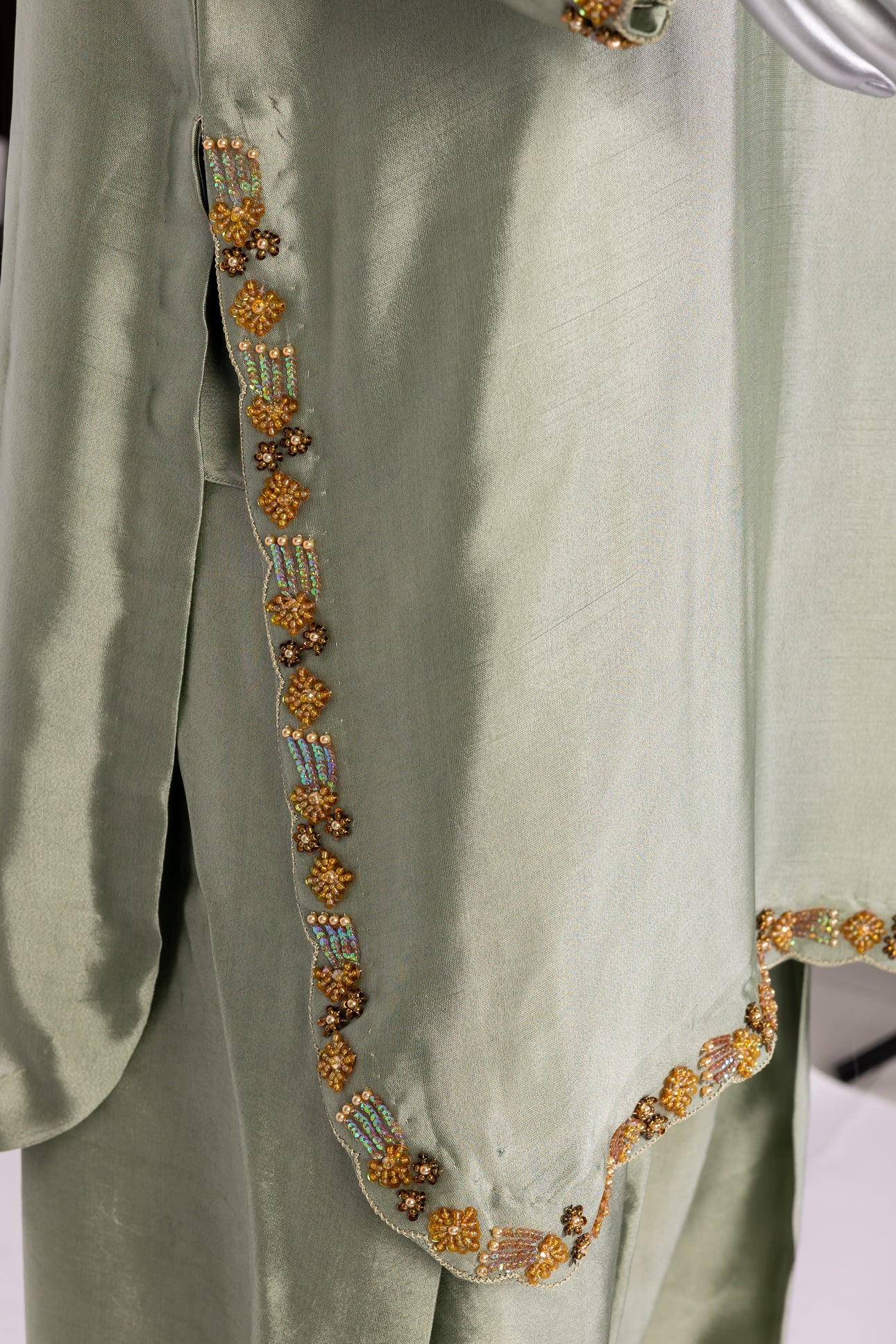 Lioren grey sheesha silk shirt with frashi shalwar and organza dupatta for casual gatherings, brunches, and semi-formal events by MariamRaj