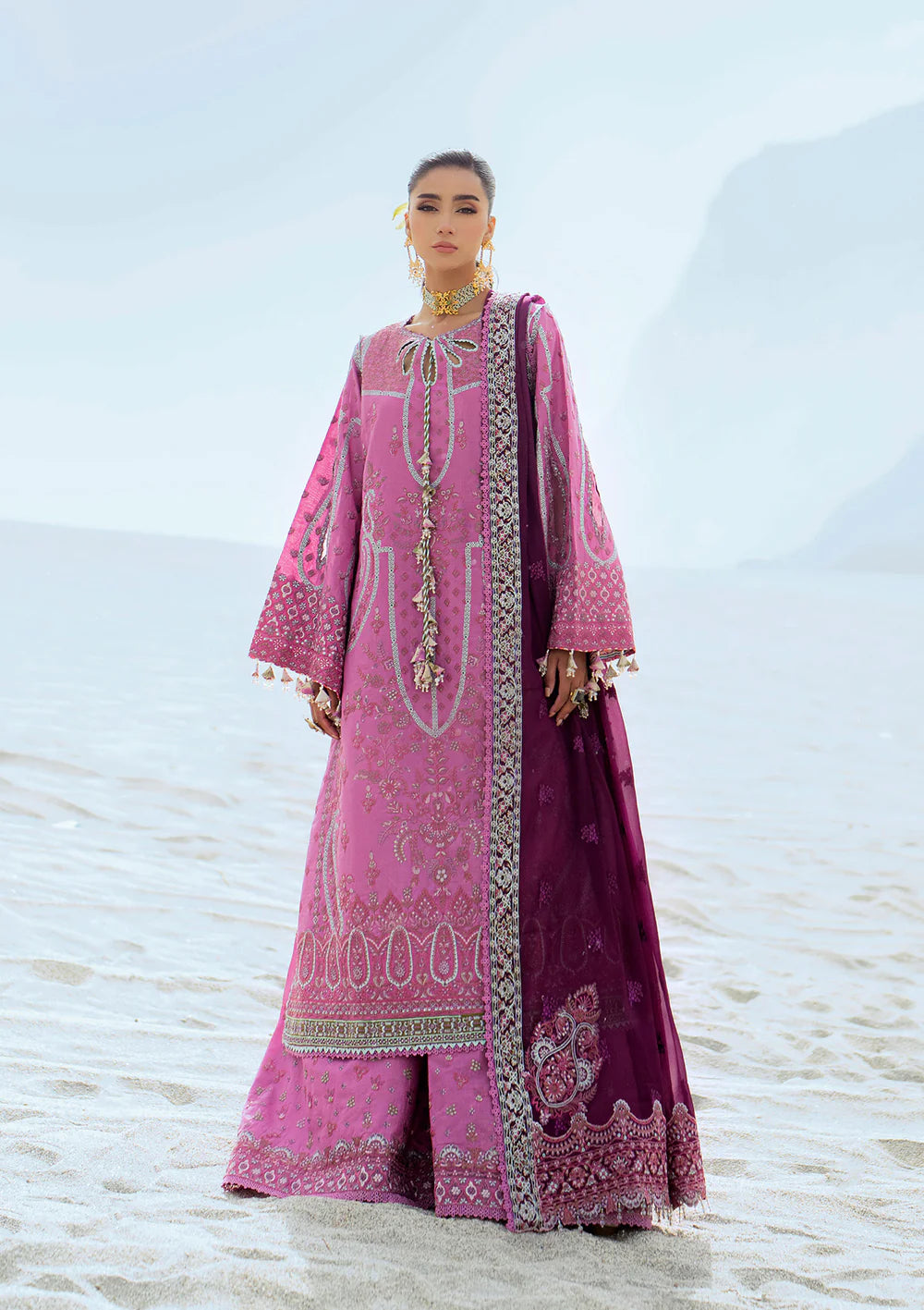 Look 01- Pink and Plum Embroidered Lawn Ensemble '25 Vol.1 By- Aik