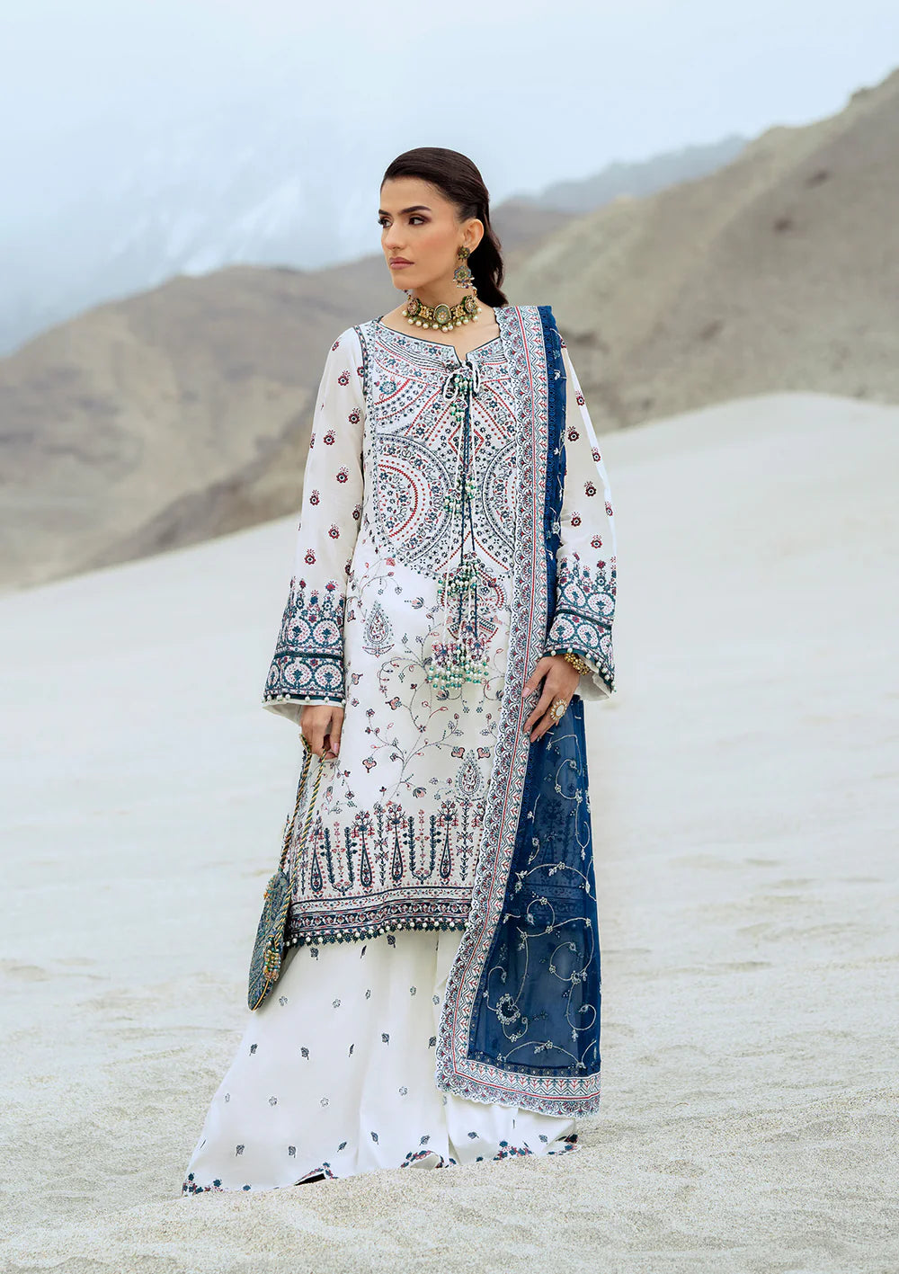 Look 02- White and Blue Embroidered Lawn Ensemble '25 Vol.1 By- Aik