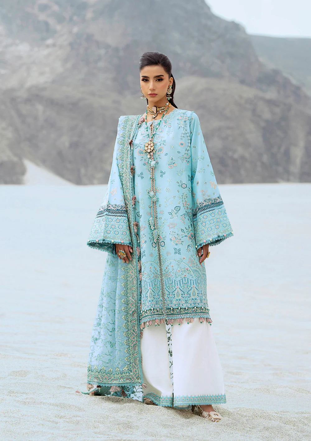 Look 03- Aqua Blue Embroidered Lawn Ensemble '25 Vol.1 By- Aik