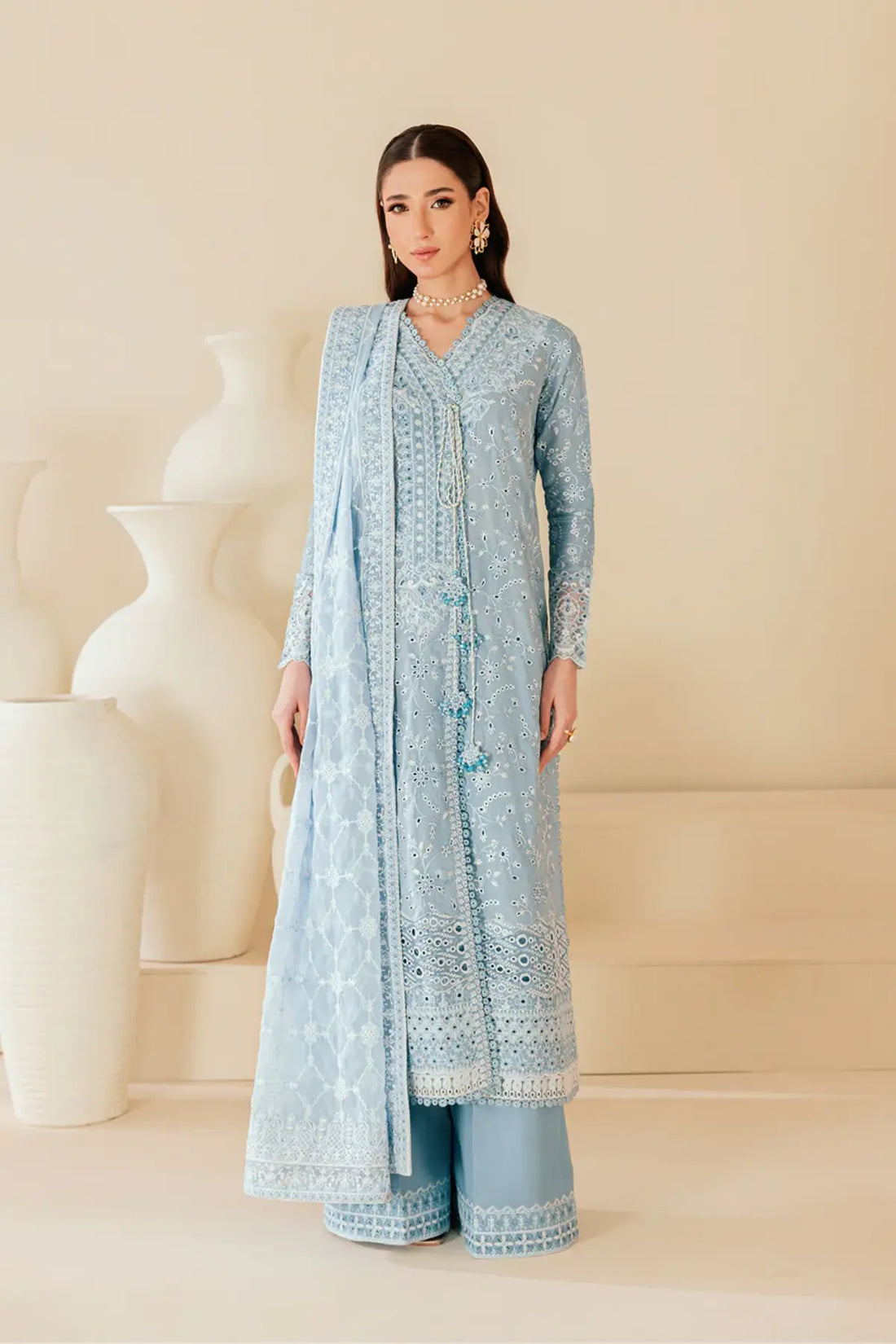 Look B2601B AIK Lawn Vol. 2 Powder Blue Embroidered Lawn Shirt, Cotton Pants & Chiffon Dupatta