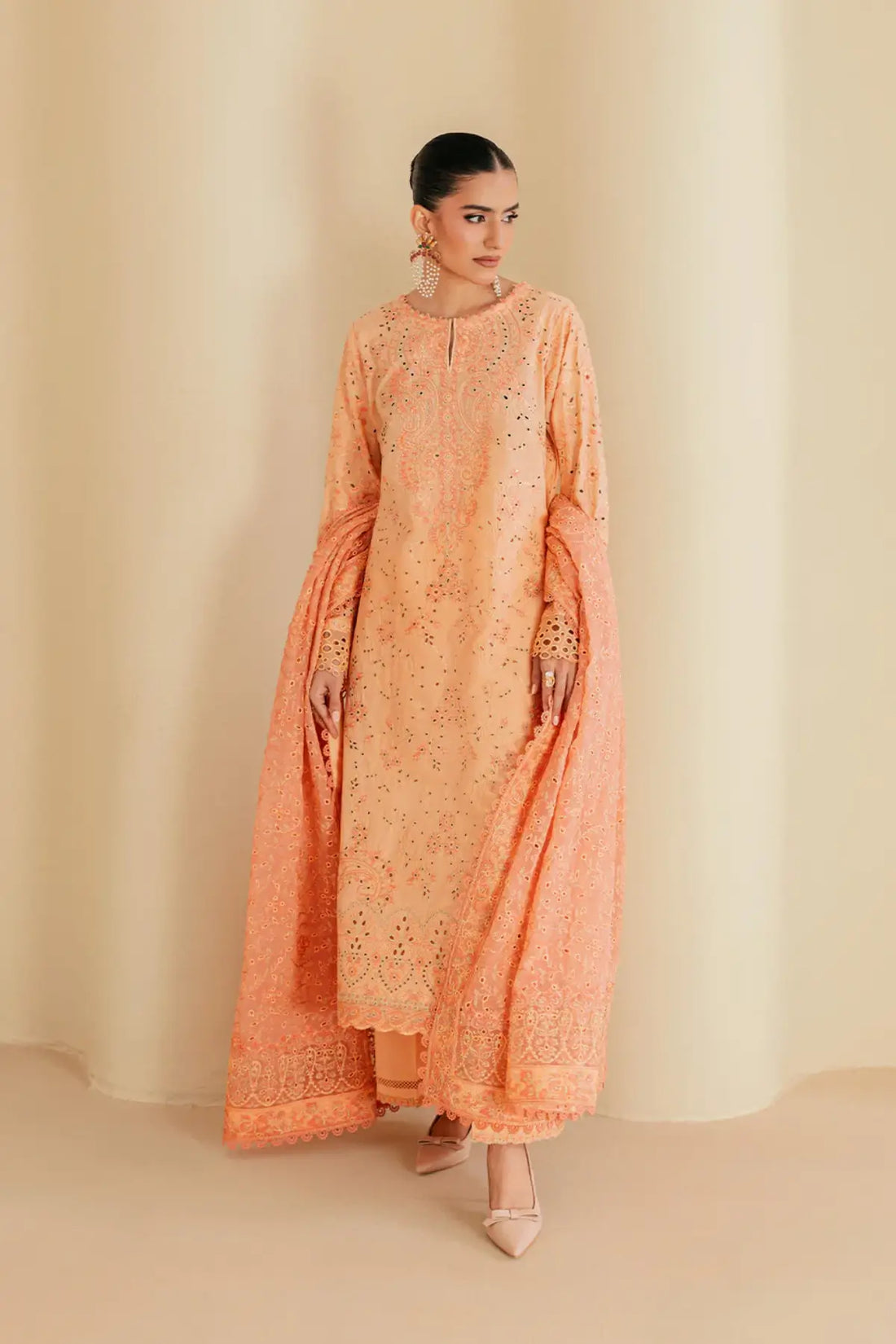 Look B2602B AIK Lawn Vol. 2 Pastel Peach Embroidered Lawn Shirt, Cotton Pants & Chiffon Dupatta