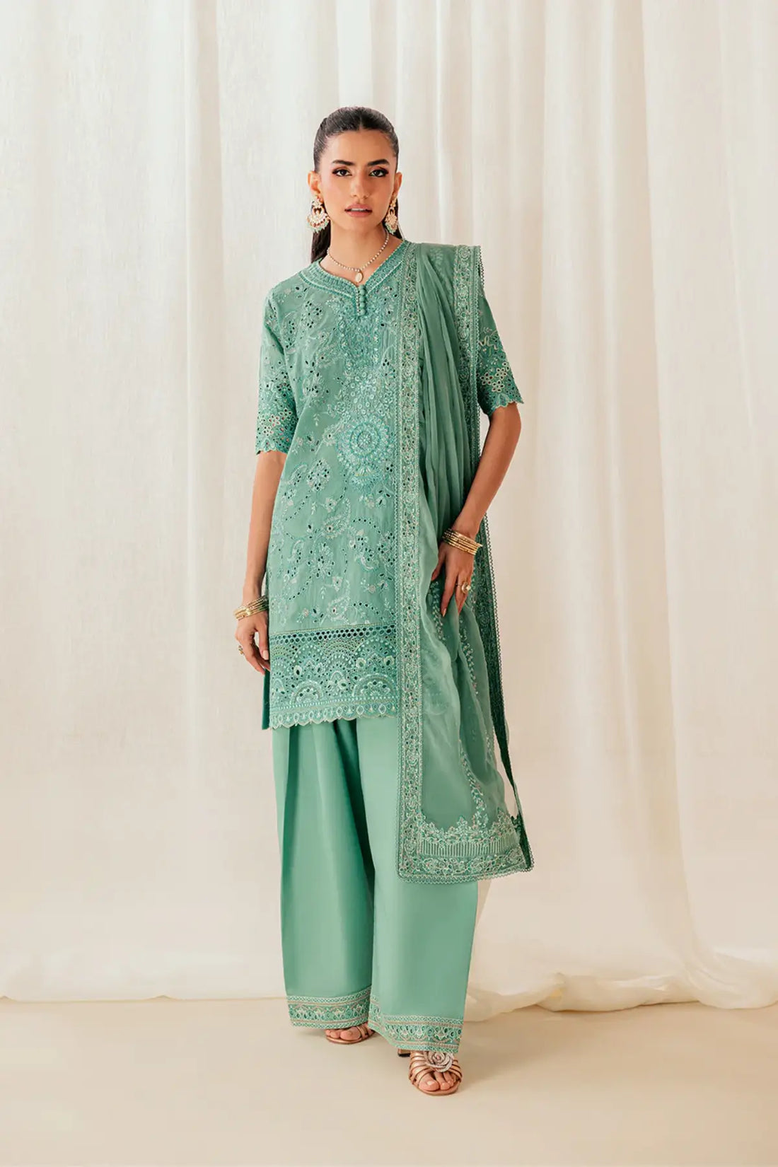 Look B2603A AIK Sea Green Embroidered Lawn Stitched 3PC Suit with Chiffon Dupatta