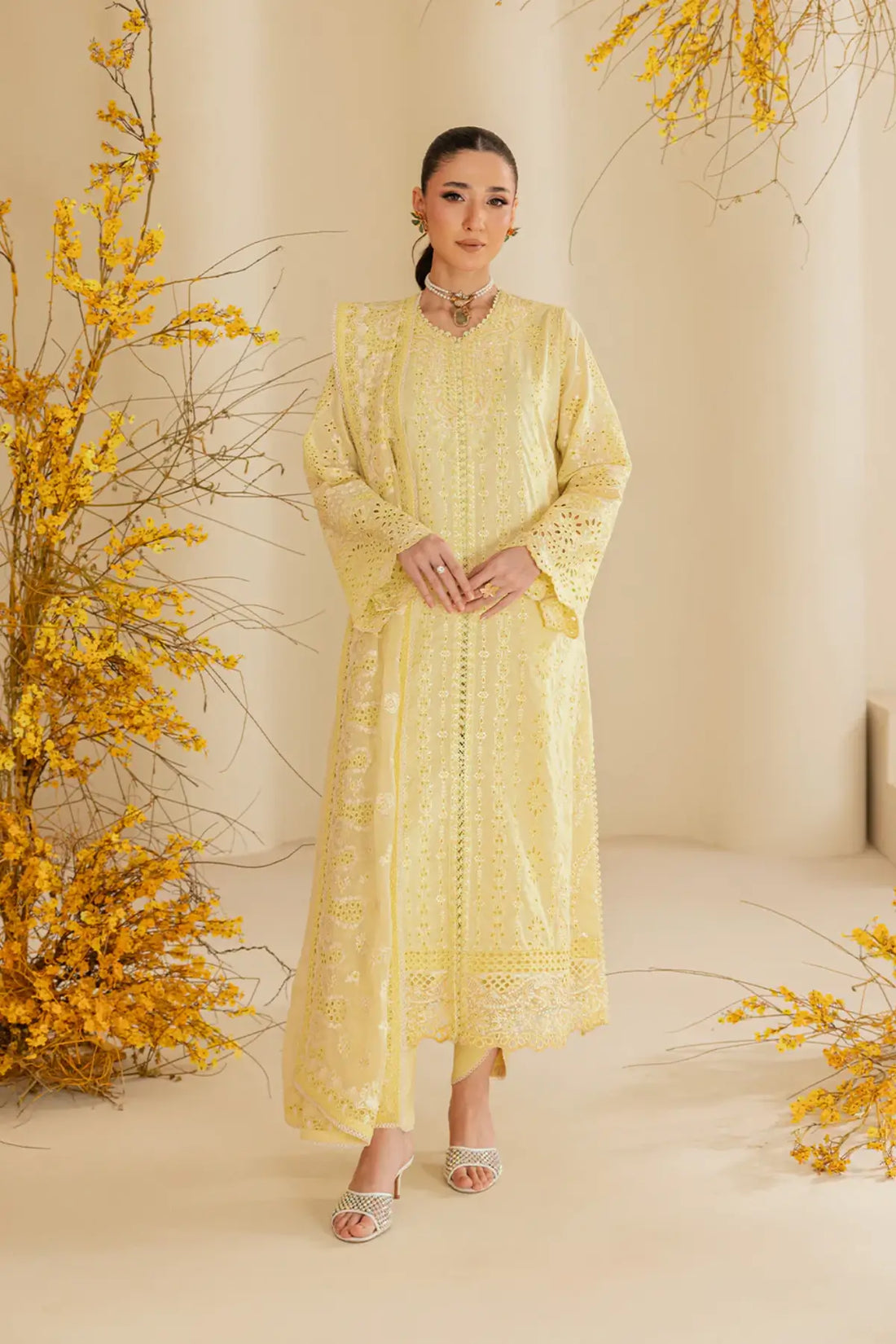 Look B2604A AIK Lawn Vol. 2 Butter Yellow Embroidered Lawn Shirt, Cotton Pants & Chiffon Dupatta