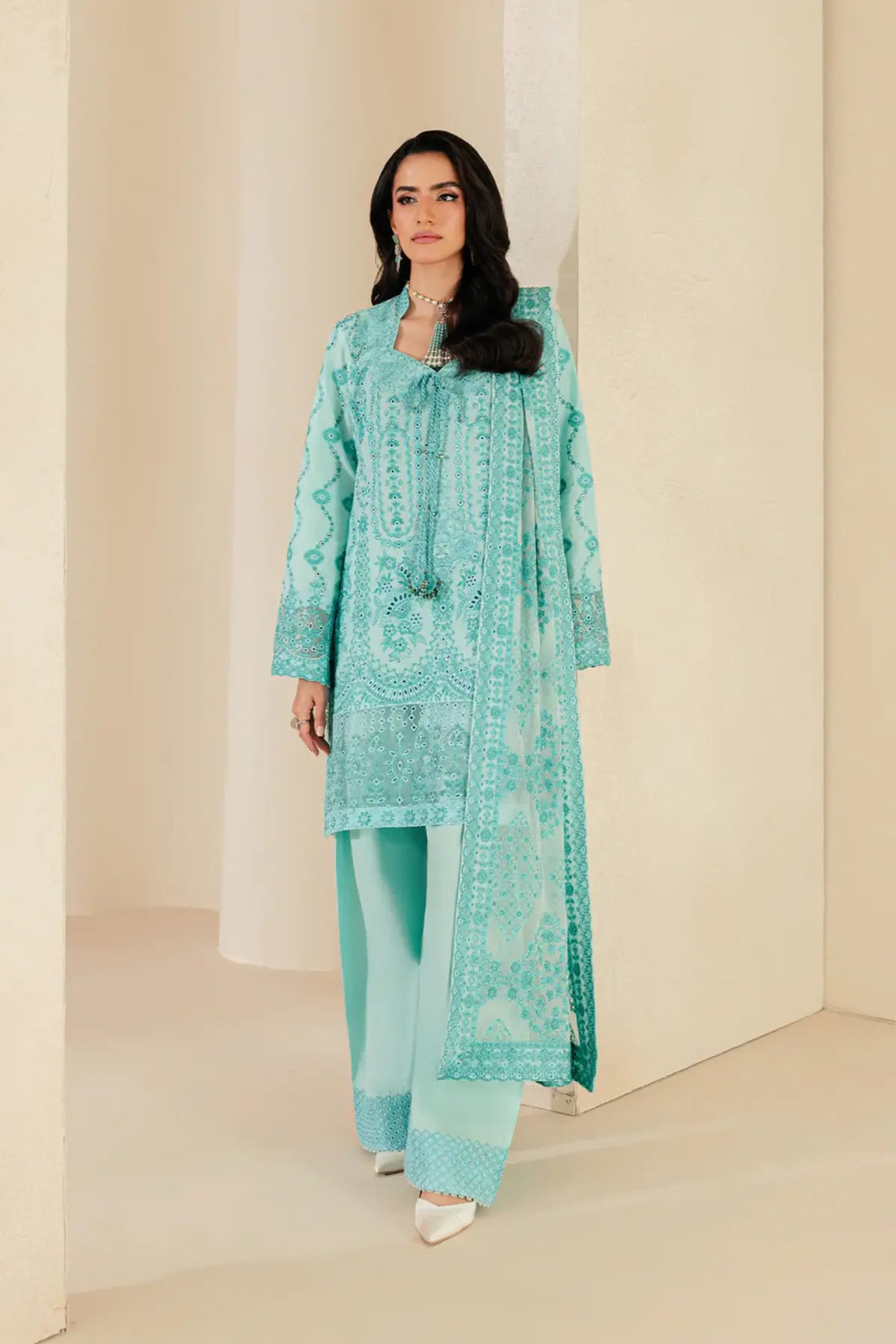Look B2605A AIK Lawn Vol. 2 Aqua Blue Embroidered Lawn Stitched 3PC Suit with Chiffon Dupatta