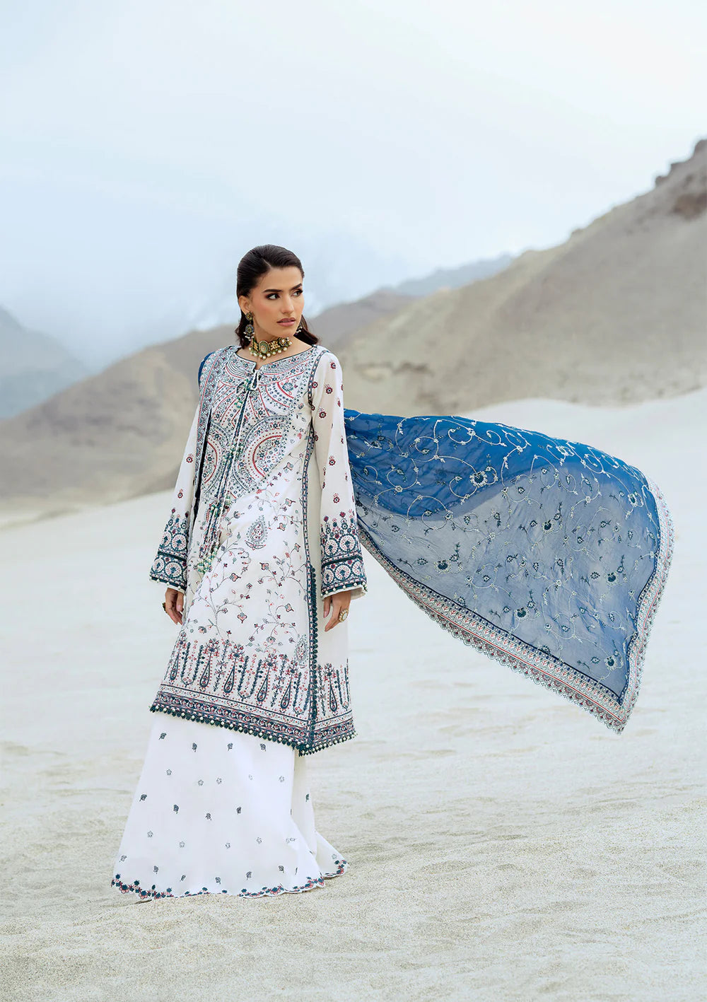 Look 02- White and Blue Embroidered Lawn Ensemble '25 Vol.1 By- Aik