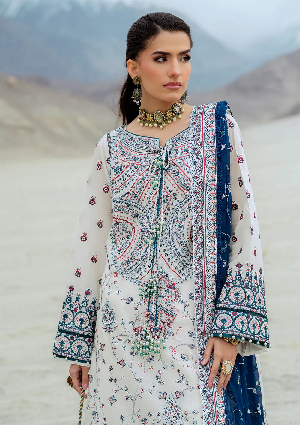 Look 02- White and Blue Embroidered Lawn Ensemble '25 Vol.1 By- Aik