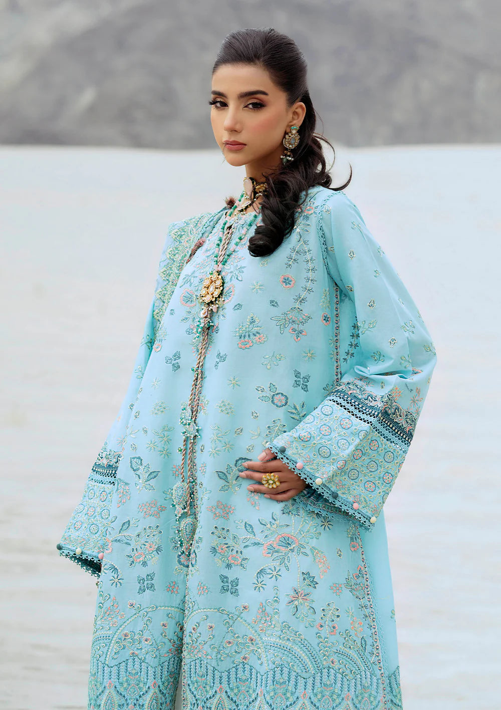 Look 03- Aqua Blue Embroidered Lawn Ensemble '25 Vol.1 By- Aik
