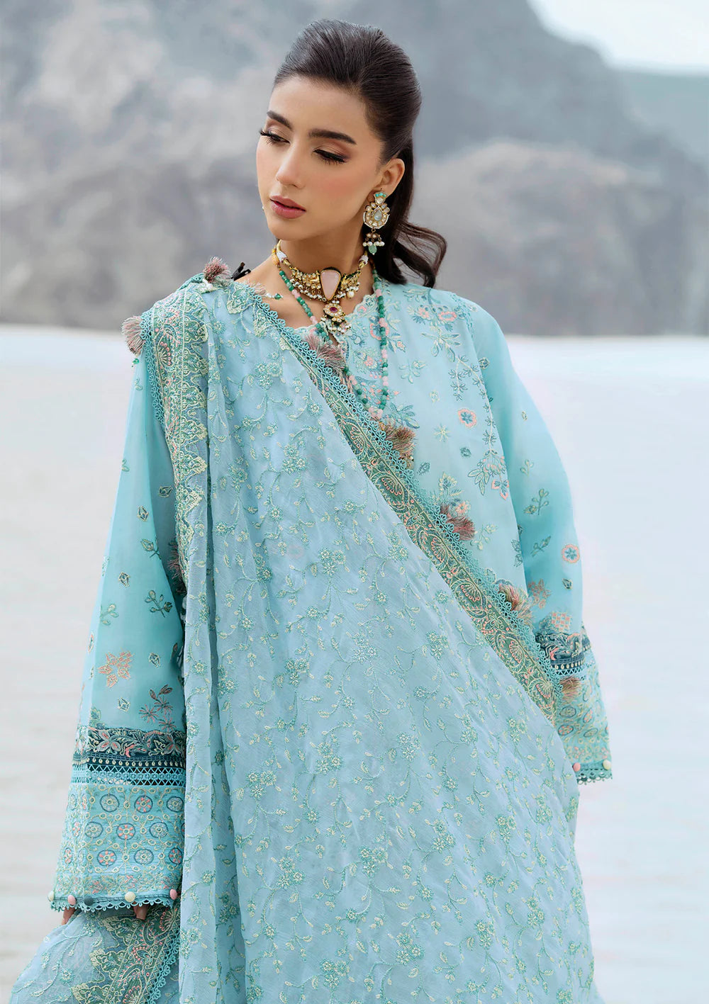 Look 03- Aqua Blue Embroidered Lawn Ensemble '25 Vol.1 By- Aik